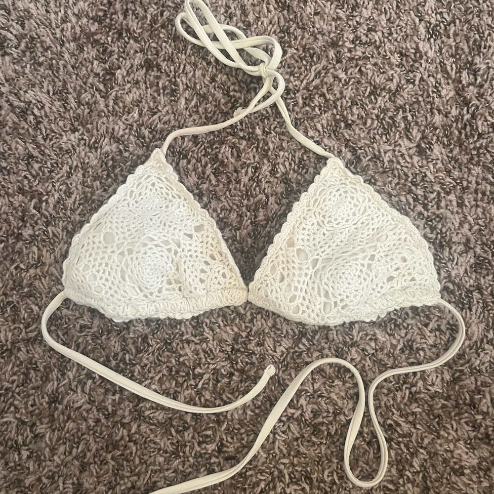 white crochet style bikini top